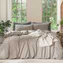 MooMee Bedding Duvet Cover Set 100% Washed Cotton Linen Like Textured Breathable Durable Soft Comfy (Solid Light Tan, Queen 90"x90")