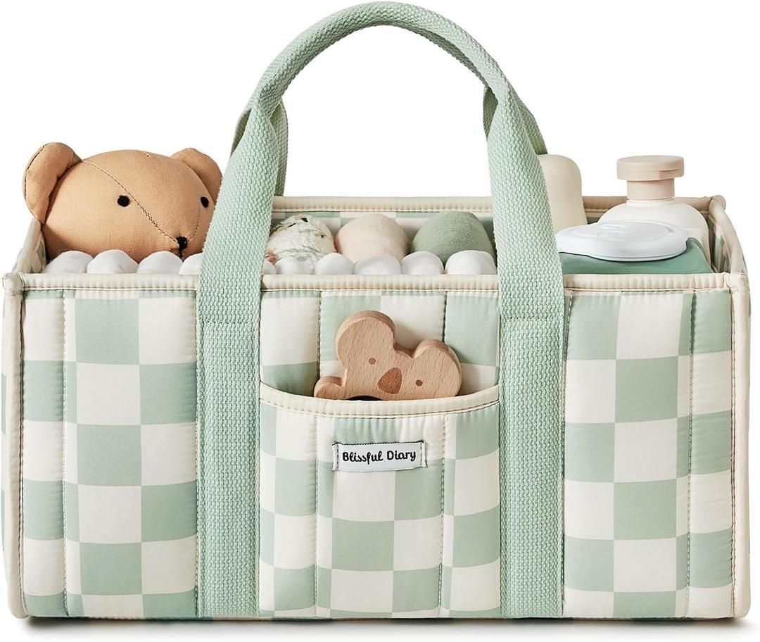 Blissful Diary Checkered Diaper Caddy Organizer, Stylish Nursery Storage Basket, Gift for Baby Shower, Newborn Essentials, Registry Search Must Haves, Sage Green