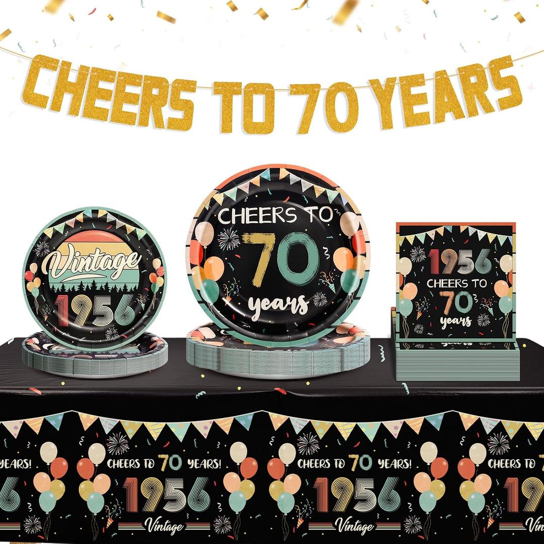 77PCS Vintage 70th Birthday Party Tableware Set, Back in 1956 Party Supplies with Cheers to 70 Years Plates Napkins Banner & Tablecloth for Men Women, 2026 New 70th Birthday Party Decor for 25 Guests