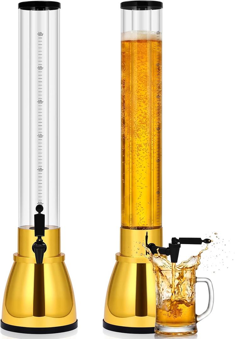 FillTouch 2 Pack Mimosa Tower Dispenser 3l/101 oz, Gold | Beer Dispenser with Detachable Ice Tube Oktoberfest Drink Mimosa Tower with Spigot for Home Game Nights Party Supplies