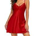 Womens Nightgown Avidlove Silk Lingerie Satin Lace Chemise Sexy Summer Sleepwear V Neck Mini Dress(Red, S)