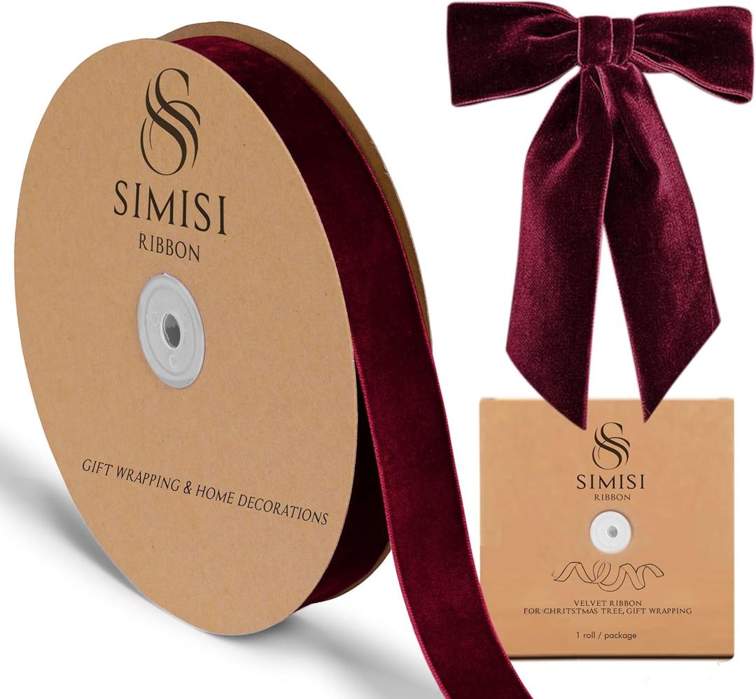 Burgundy Velvet Ribbon 1'' 25 Yards for Christmas Tree, Gift Wrapping, Flower Bouquet, Wreath Decorations, Bow Making (1 x 900 in)