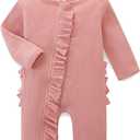 Newborn Baby Romper Cotton Infant Girl Outfit Zippers Ruffle Jumpsuit and Headband Spring Fall Winter Clothes (3-6 Months, Mauve)