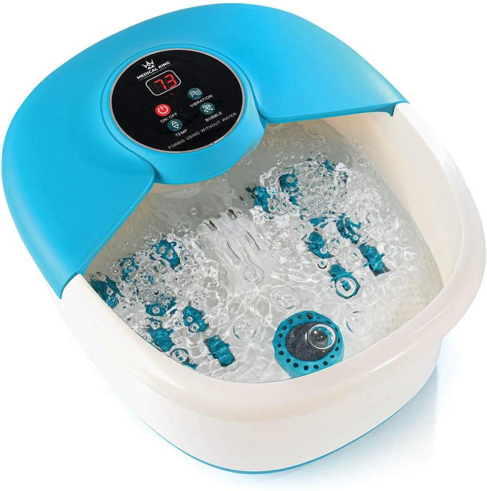 Medical king Foot Spa Massager with Heat, 14 Rollers in Foot Shape - 5 in 1 Foot Bath Massager - Adjustable Heating, Bubbles, Vibration, Pumice Stone, Mini Massage Points (White, Blue)
