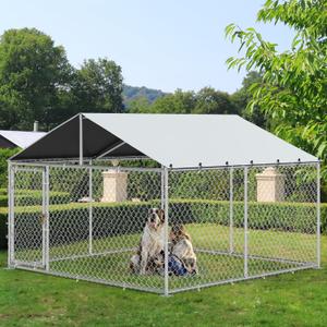 YITAHOME 10'x10' Outdoor Dog Enclosure with Metal Dog Gate, Dog Kennel Outside with Roof, Dog Fence Outdoor for Yard (silver)