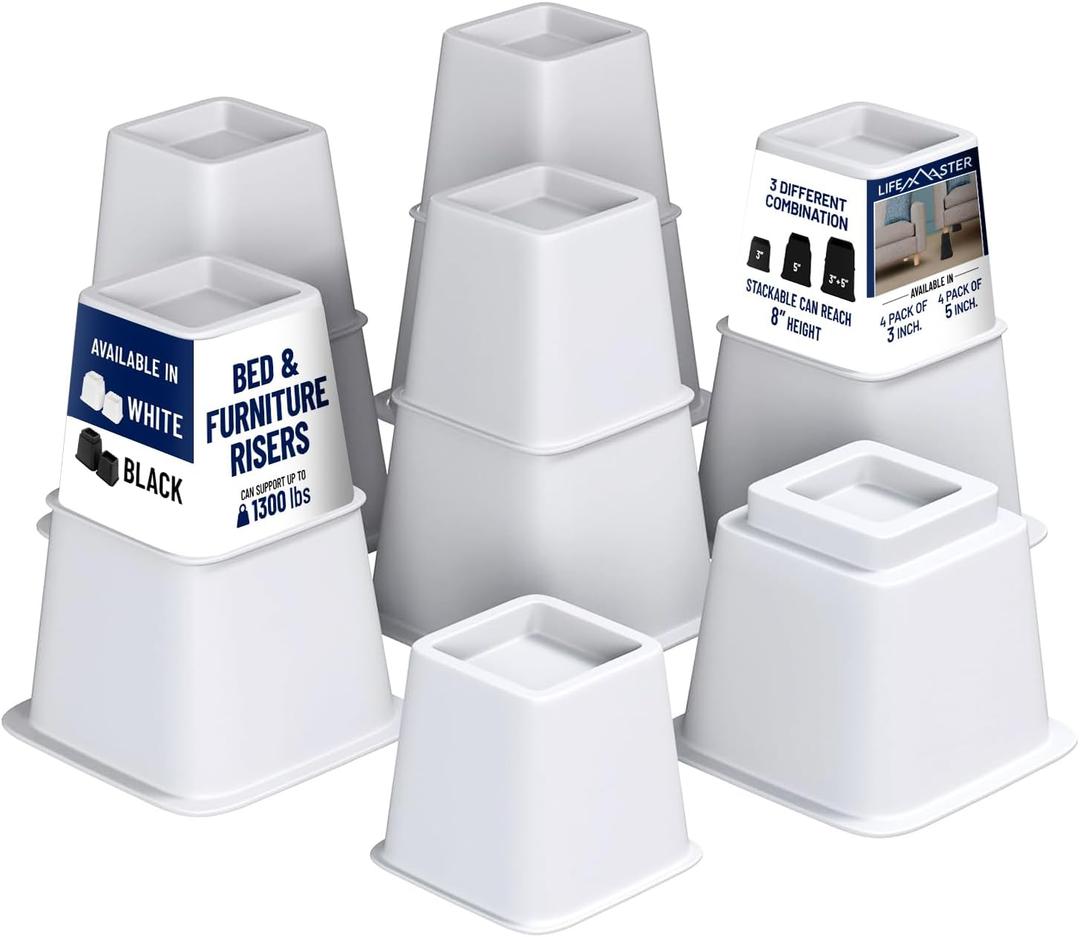 8pcs Bed Risers Set - 3.5 inch Adjustable Heavy Duty Furniture Risers for Sofa Couch, Great for Under Bed Storage (White)