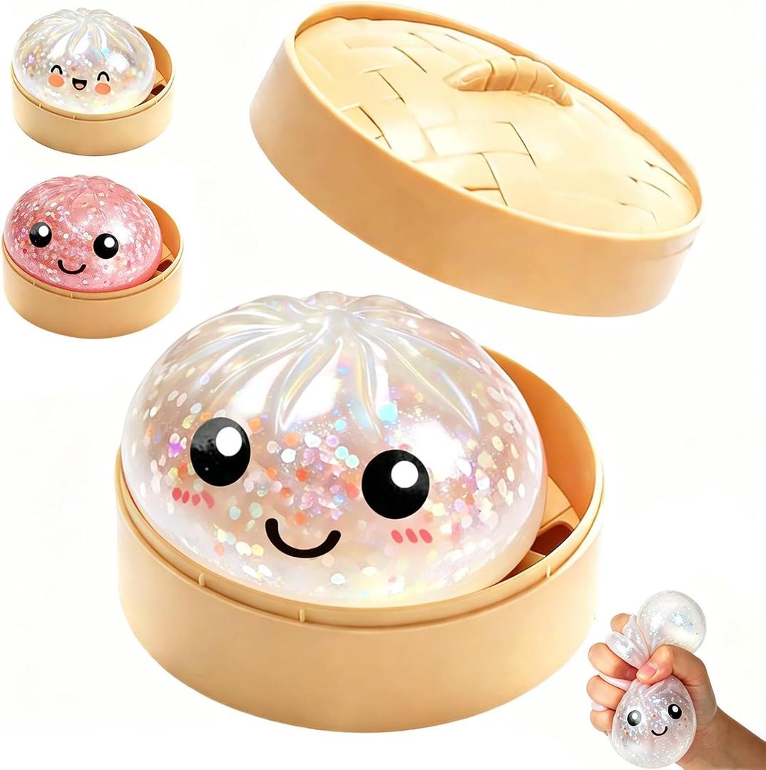 Glitter Dumplings Squishies, 2026 Upgrade Dumplings Squishies, Mystery Box, Colorful Dumplings Stress Balls Fidget Sensory Toy, Stocking Stuffers with Food Steamer Stretchy Desk Toys (White)