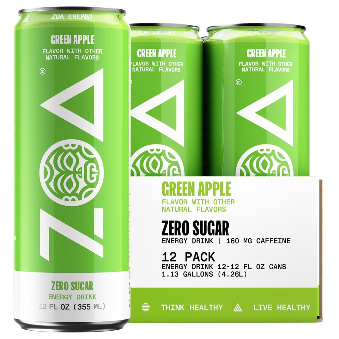 ZOA GREEN APPLE Sugar Free, Low Calorie Energy Drinks | Healthy B & C Vitamins | Electrolytes for Hydration | 160mg Caffeine from Green Tea | 12 Fl Oz Cans (12 Pack) (EXP 03/12/25)