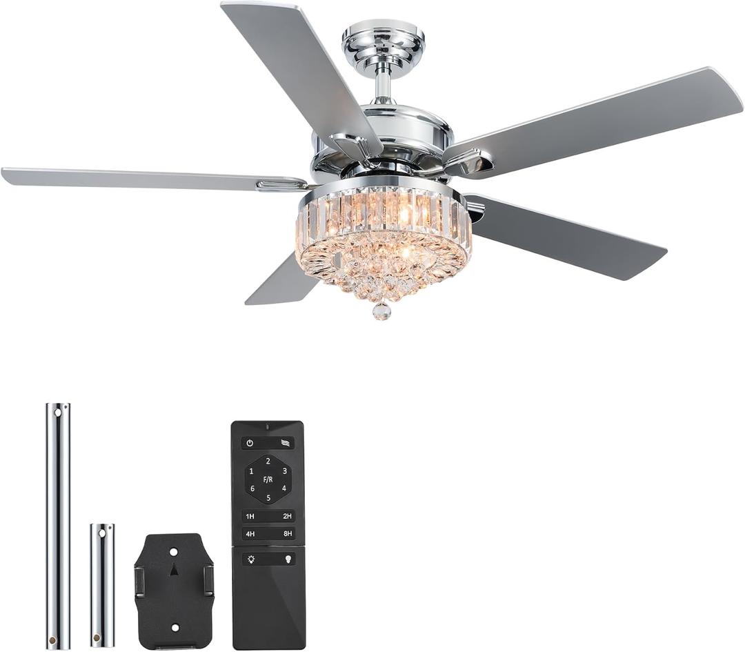 VONLUCE Ceiling Fans with Lights, 52" Crystal Ceiling Fan and Remote, 5 Blades, 6-Speeds Noiseless Reversible DC Motor, Chandelier Ceiling Fan for Farmhouse Bedroom Indoor, Nickel