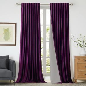 PRIMROSE 100% Full Blackout Purple Velvet Curtains 90 inch Long for Living Room,Set of 2 Liner Rod Pocket Back Tab Thermal Window Curtains Room Darkening Heavy Decorative Curtains Drapes for Bedroom