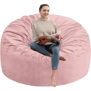 5FT Bean Bag Chair, Large Bean Bag Chairs with Memory Foam Filled, Fluffy Beanbag Sofa with Dutch Velvet Cover, Round BeanBag Chairs for Living Room, Playroom - Light Pink (5FT- 50"x50"x24")