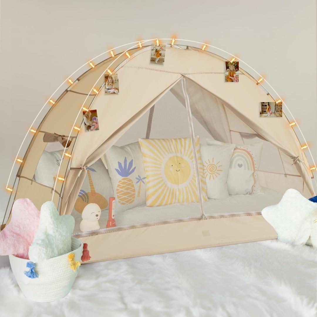 LEEDOR Bed Canopy for Kids/Adults,Mosquito Net & Privacy Tent 2-in-1 Bed Tent,Air Ventilation Mesh & Blackout Cloth Double Design Dream Tent,Indoor Safety Bed Tent for Girls/Boys Full & String Lights