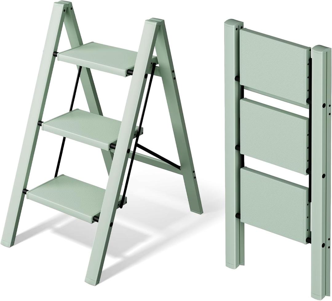 Mayi Plus 3 Step Ladder, Aluminum Folding Step Stool for Adults,Step Ladder with Wide Anti-Slip Pedal,330 lbs Capacity for Home,Office,Kitchen, Library(Green)