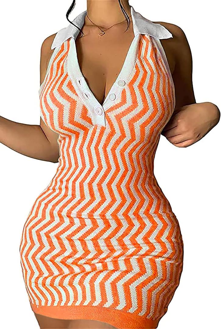 Ryehack Womens Summer Halter Mini Dress Backless Sundress Striped V Neck Bodycon Beach Vacation Sexy Birthday Club Outfits (Large, Orange)