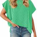 Tankaneo Womens Oversized T-Shirts Summer Casual Ribbed Knit Tunic Tops | Short Cap Sleeve,Textured,Loose Fit Tees,Side Slit,Crew Neck,Solid (Green, XL)