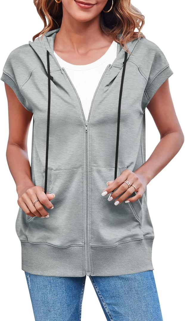 Fisoew Women's Sleeveless Zip Up Hoodies Casual Loose Fit Drawstring Sweatshirts Lightweight Jackets Vest with Pockets (XX-Large, Grey)