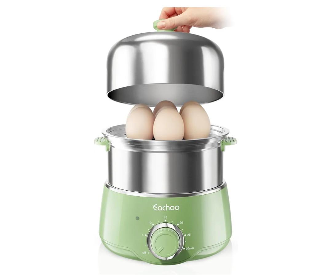 Hard Boiled Egg Cooker - CACHOO 14-Egg Rapid Stainless Steel Egg Boiler with 30-Min Timer & Auto Shut Off, Compact Electric Vegetable Steamer for Cooking, Dishwasher Safe, Retro Green