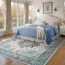RELEANY Washable Area Rug, Square 8'x8', Teal Green/White/Navy