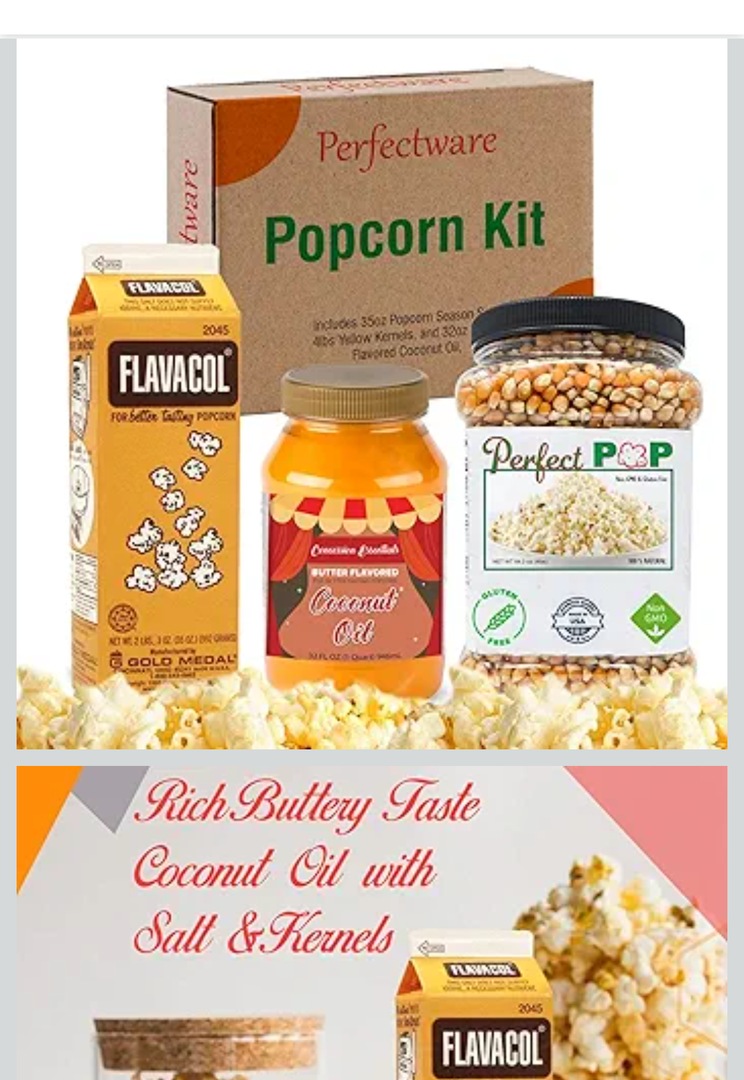 Perfectware Popcorn Kit- (Includes 35oz Popcorn Season Salt, 8lbs Yellow Kernels, and 32oz Butter Flavored Coconut Oil, Plain,PW-Popcorn