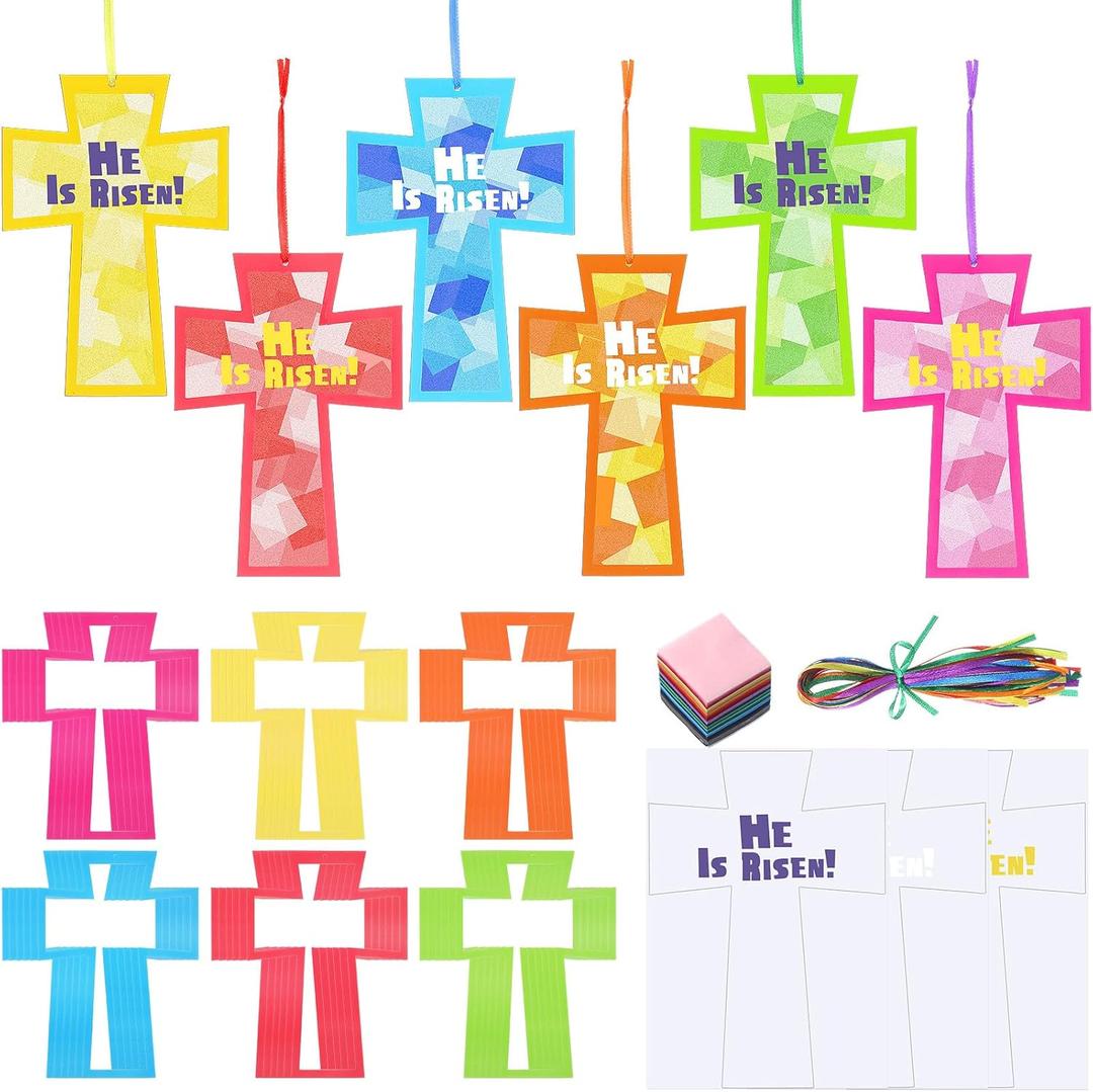 Ctosree 24 Sets Religious Easter Crafts Easter He is Risen Cross Craft Kits Tissue Paper DIY Art for Celebrations Ornaments Religious Sunday School Crafts Home Classroom Game Activities