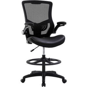 Drafting Chair Ergonomic Tall Office Chair Standing Desk Chair with Flip Up Arms Foot Rest Back Support Adjustable Height Mesh Drafting Stool, Black (24L*25W*53H)