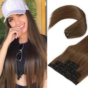 REECHO Clip in Hair Extensions, Hair Extensions Thick Long Lace Weft Lightweight Synthetic Hairpieces for Women (24 Inch-240 Gram(Pack of 5), Chestnut Brown)