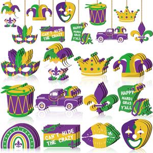 Yalikop Mardi Gras Ornaments Mardi Gras Tree Decorations Glitter Hanging Ornaments for Tree Gold Yellow Green Gnome Crown Mask Decor Carnival Holiday Party Favors
