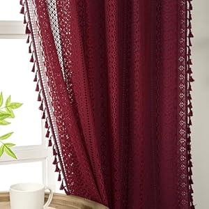 WAZZIO Burgundy Sheer Curtains 63 Inches Long 2 Panel Cotton Blend Crochet Lace Curtain Tassel Rod Pocket Design Semi Sheer Light Filtering Boho Curtains for Bedroom Living Room Window Drapes Dark Red