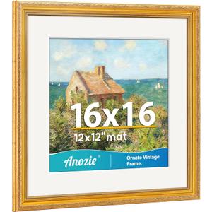Anozie Vintage 16x16 Frame, Antique Gold Photo Frames with Plexiglass Front,Ornate Square 16x16 Picture Frame Display 12x12 with Mat or 16 x 16 Frame Without, Wall Dcor,1 Pack,Gold