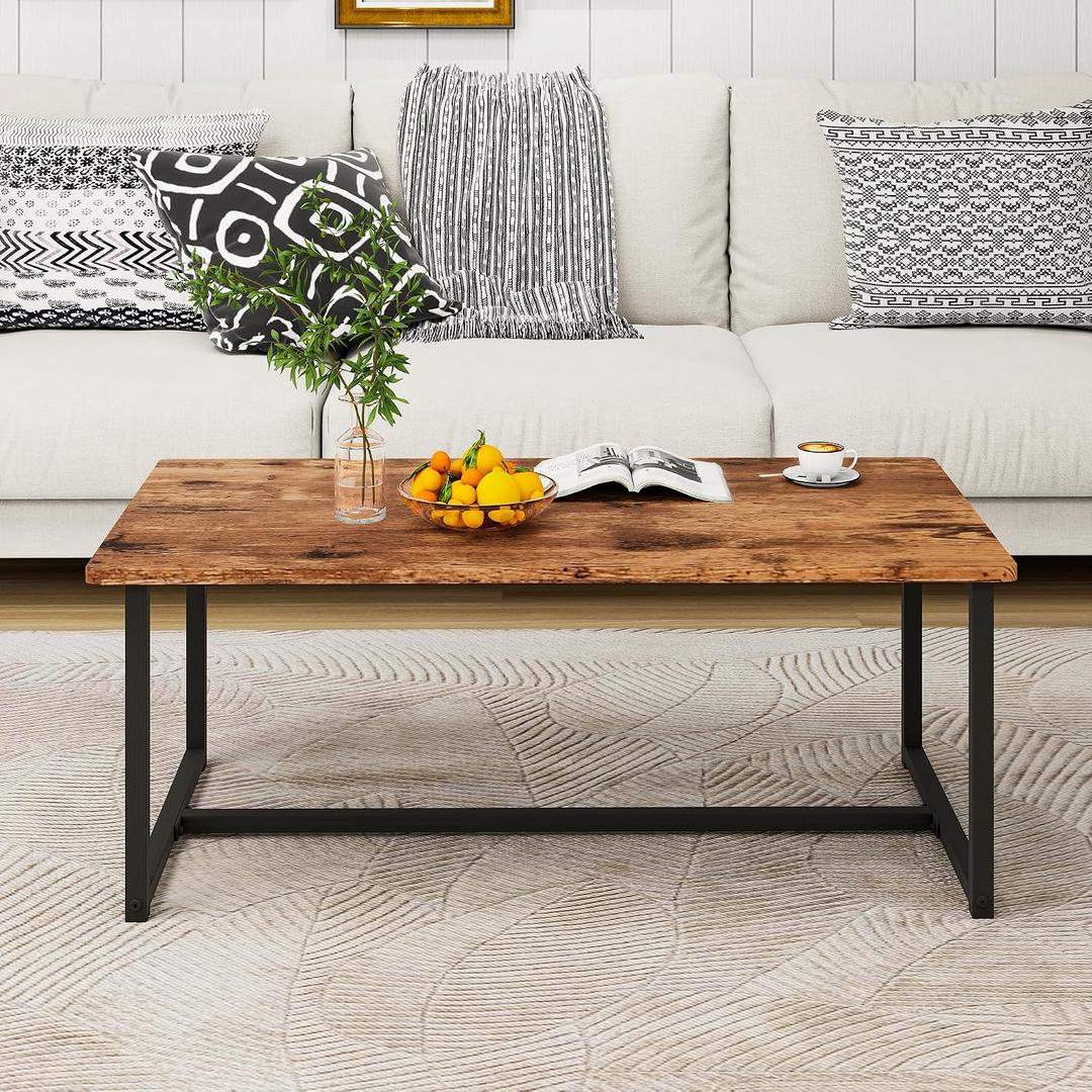 Coffee Table Rectangular Center Table for Living Room Open Space Side Table with Metal Frame, Easy Assembly, Black+ Rustic Brown Wood Coffee Table, 35.4 x 17.7 x 16.5 inches