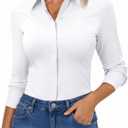 Button Down Shirts for Women Slim Fit Long Sleeve Stretch Dress Shirts Work Shirt Wrinkle Free Office Blouse Top (White, L)