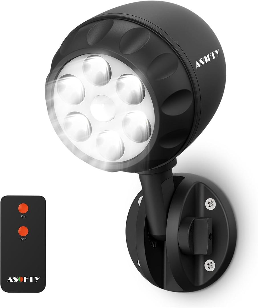 ASOFTY Wireless Battery Operated Motion Sensor Outdoor Light, 6 LED 1000LM LED Spotlights with Remote Control, IP65 Waterproof 6000K Motion Security Light for Garage Yard Porch and Patio