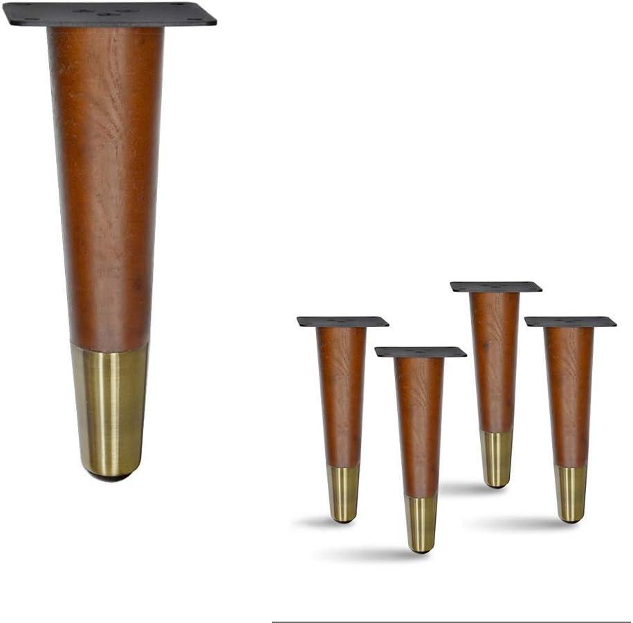 4 Pcs Retro Straight Wood Furniture Legs  Solid Wood Sofa, Bench, Table Legs with Metal Footing, Durable and Stylish Design (6" H Antique Brass Finish Metal Footing)