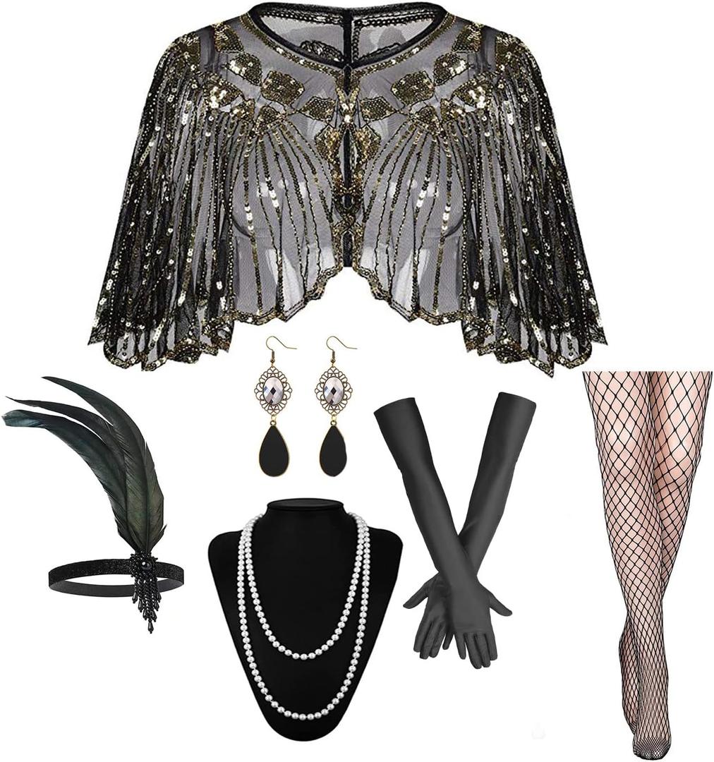 1920s Flapper Accessories Set, Roaring 20s Accessories Women Feather Headpiece Necklace Earrings Long Gloves,Black Gold