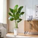 Bird of Paradise Artificial Plant, 5FT Faux Plants Indoor Banana Leaf Tree with 9 Leaves, Large Fake Tropical Potted Indoor Silk Floor Plant with White Tall Planter for House,Office,Room,Home Decor 5ft, White, 1
