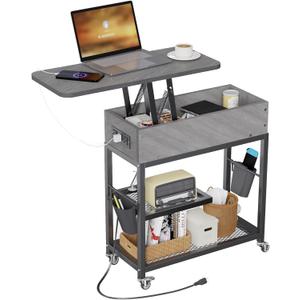 Colima Lift Top End Table with Charging Station and Wheels, Sofa Side Table with USB Port & AC Outlets, Movable Bedside Nightstand with Side Bag for Office Living Room Bedroom(Gray) (Grey)