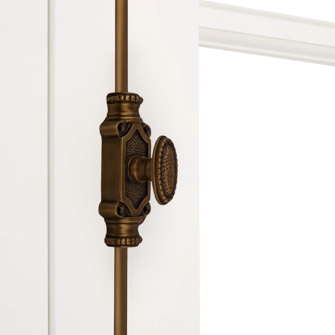 Antique Brass Cremone Bolt Set - Solid Brass Cabinet Hardware with 2' Rods & Handle, Perfect for Cabinets & Restoration Projects, Easy One-Side Operation for Timeless Charm