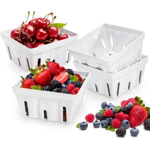 ZEAYEA 4 Pack Melamine Berry Basket, Berry Bowl With Holes, Square Kitchen Fruit Basket for Christmas, 5" Colander Cute Container for Grape, Strawberry, Cherry, Berries, Veggies, White
