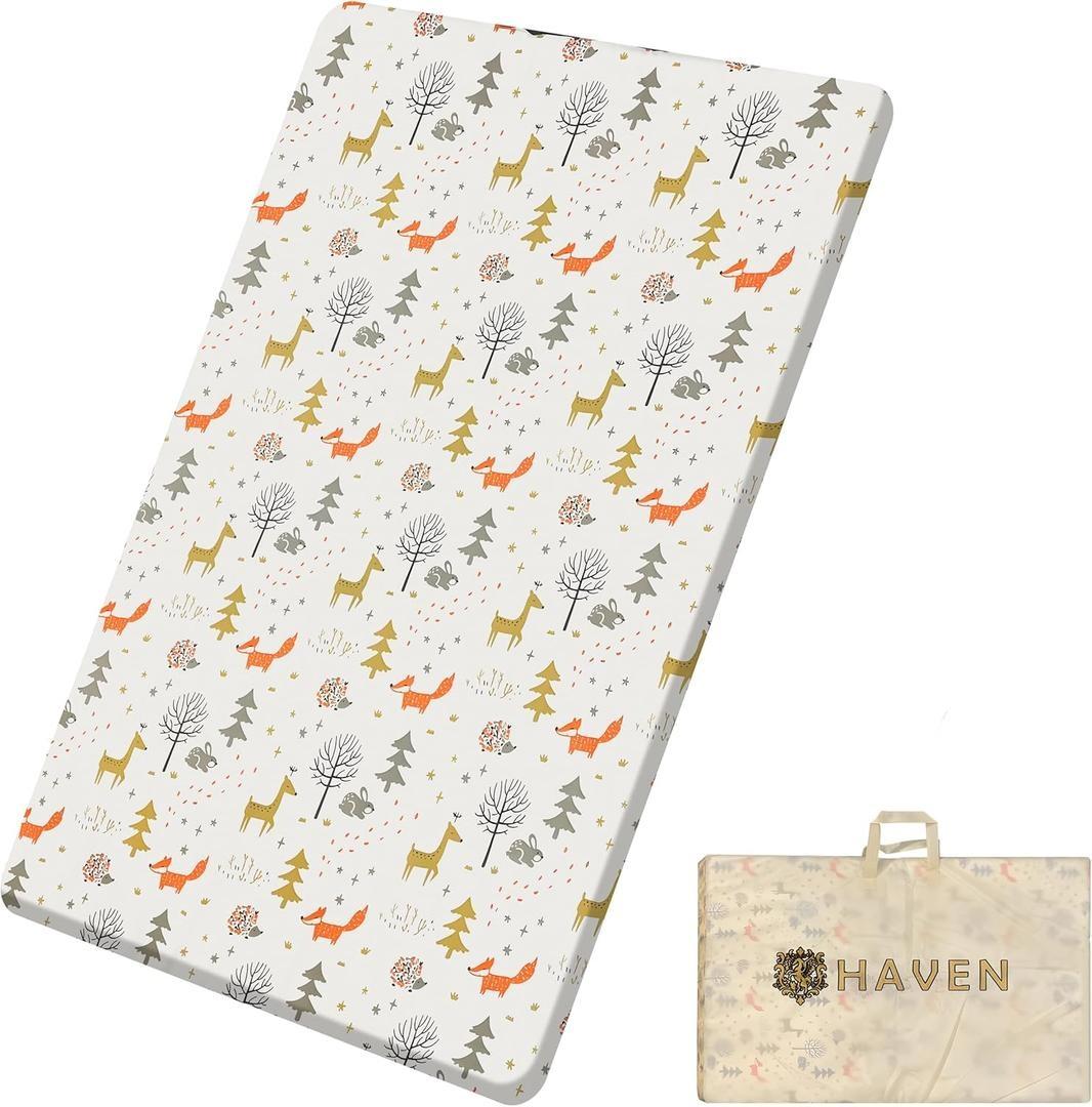 HAVEN Pack and Play Mattress, 38"x26"x1" Playard Baby playpen Mattress Pad for Cribs, Waterproof & Breathable Cover with Animal Print and Reversible Plush Toy for Toddlers & Babies