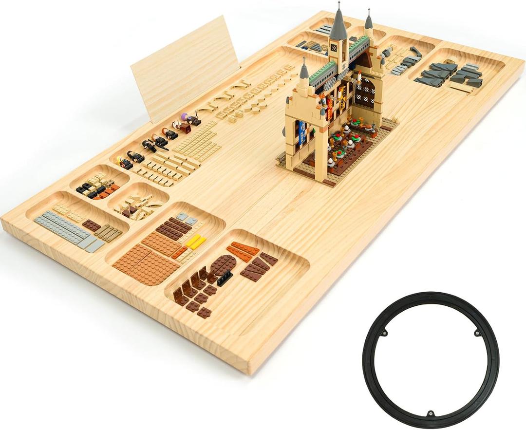 WOOD CITY Building Baseplate Table for Lego, Building Tray Board with Storage and Classify, Activity Sensory Platform Table for Adults Children and Seniors with Lazy Susan