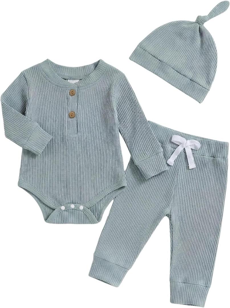 Newborn Baby Boy Clothes Long Sleeve Ribbed Bodysuit Pants Hat 3-Piece Outfit Set (0-3 Months, A1 Blue)