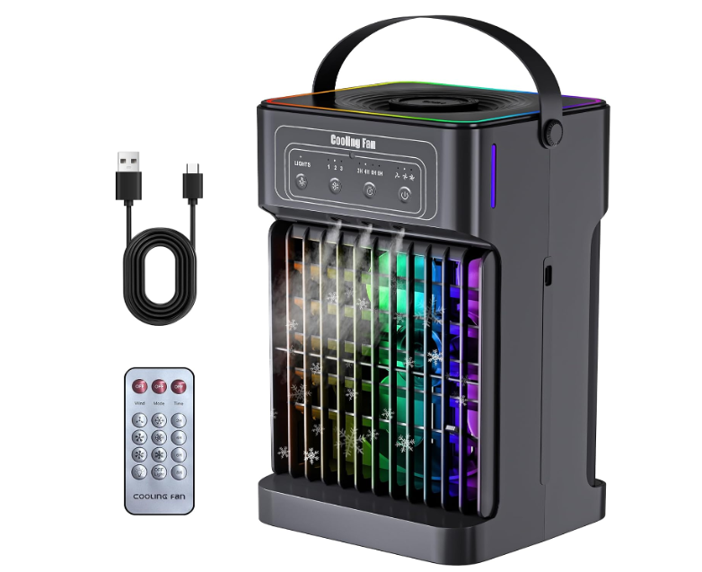 Portable Air Conditioners, 2026 Upgraded 4-IN-1 Quiet Portable AC Unit with Remote, 1100ML Tank Evaporative Air Cooler, 7 Color Light Personal Mini Air Conditioner for Bedroom,Office, Camping, Car,RV