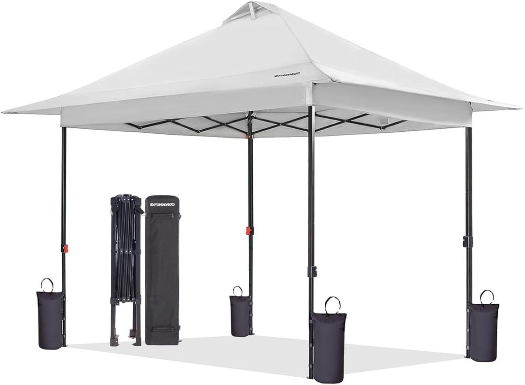 FUNDANGO 10x10 Pop Up Canopy, Beach Tent with Patent Quick Open Frame, Silver Coated Top& Wheeled Carry Bag, Easy Outdoor Sun Shade for Events, Parties, CampingWhite