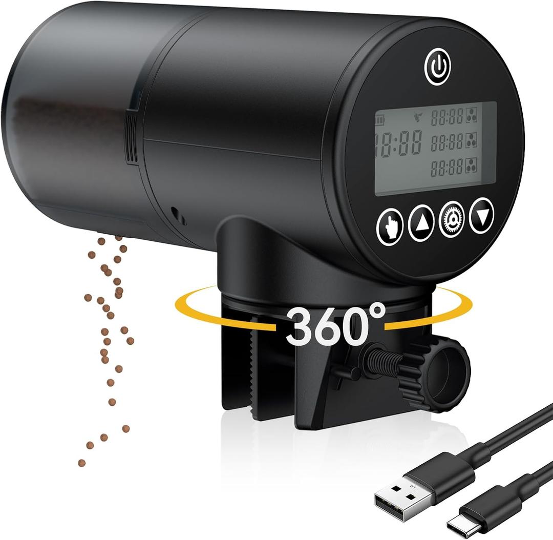 Pawfly Automatic Fish Feeder for Aquarium - USB Rechargeable Vacation Timer - Adjustable Auto Fish Food Dispenser for Pellets, Flakes & Strips (200 ml)