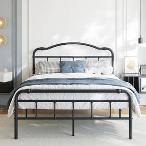 BOSRII 18 Inch Full Size Metal Bed Frame with Headboard and Footboard Heavy Duty Platform Bed Vintage Iron Wrought Frames Steel Slats, Easy Assembly, No Box Spring Needed, Noise Free, Black
