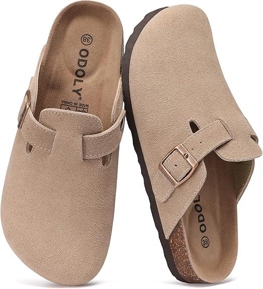 Genuine Suede Clogs for Women Men Soft Cork Footbed Leather Mules Comfort Potato Shoes with Arch Support 38 Taupe