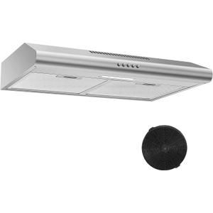 24 inch Range Hood Under Cabinet, Stainless Steel Range Hood 280CFM, Slim Kitchen Stove Hood w/Push Button, Ducted/Ductless Convertible, 3 Speeds Exhaust Fan, LED Light and Carbon Filter
