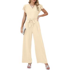 Blooming Jelly Women Dressy Jumpsuits One Piece Business Casual outfits Ruffle Sleeve V Neck Belted Summer Rompers (X-Large, Off-white)