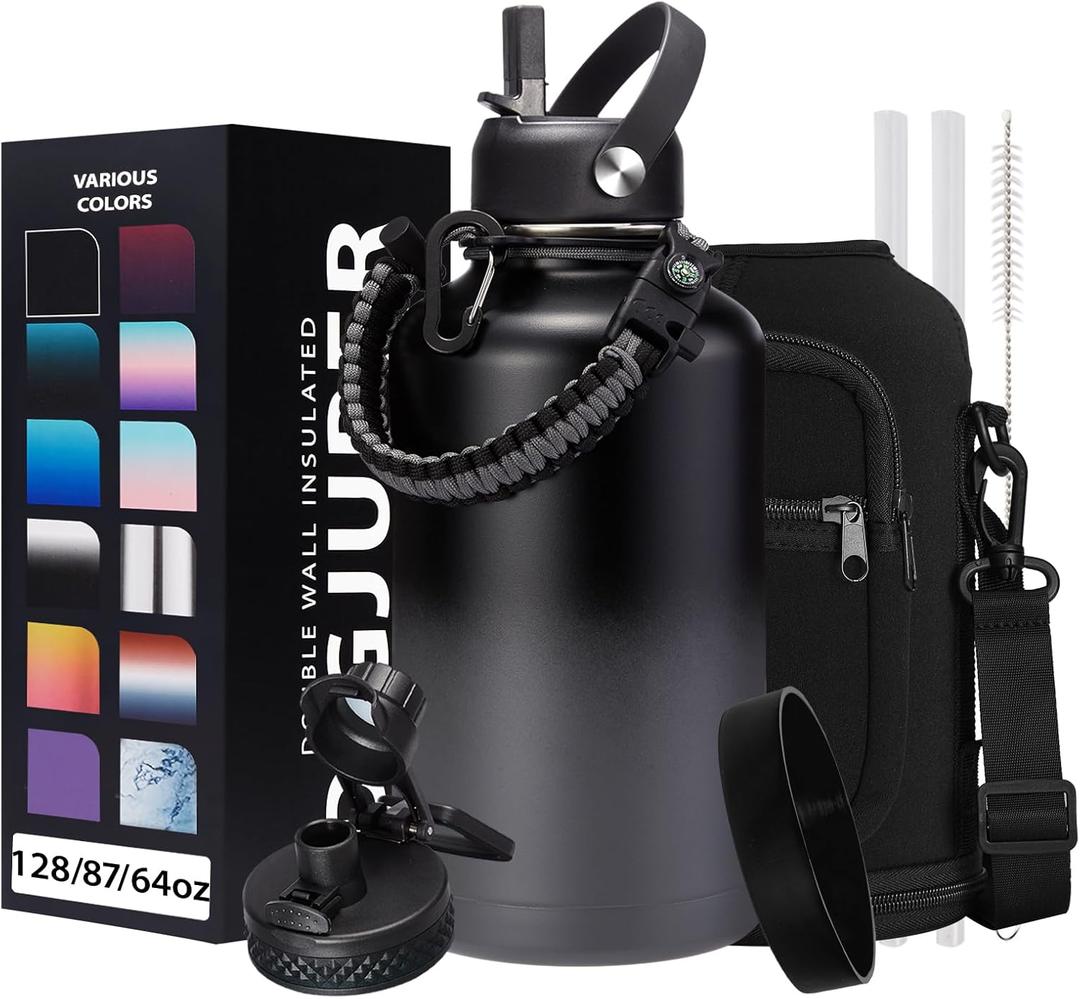 Half Gallon Insulated Water Bottle - with Straw & Spout Lid, Paracord Handle & Carrier Bag, Protective Cup Mat, 64oz Vacuum Stainless Steel Water Bottle, Metal Vacuum Flasks Keep Cold 48h Hot 24h (Black Gray Gradient)