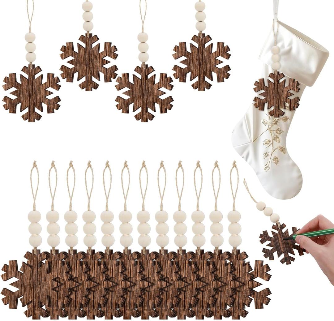 Soaoo 24 Pcs Christmas Stocking Name Tags Christmas Snowflake Ornaments DIY Wooden Xmas Decorations Hanging Tags with Matched Bead for Xmas Stocking Home Farmhouse Holiday Decor